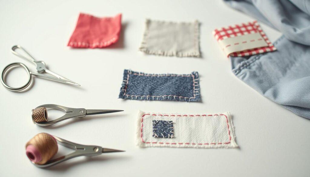 A close-up photograph of various fabric repair techniques arranged neatly on a clean, white background. In the foreground, a sewing needle, thread, and thimble sit alongside a small pair of scissors, a seam ripper, and a selection of fabric patches in different colors and patterns. In the middle ground, a hand-stitched seam, a darned hole, and a patch sewn onto a fabric swatch are showcased, demonstrating different mending methods. The lighting is soft and diffuse, casting gentle shadows and highlighting the textures of the fabrics and tools. The overall mood is informative and practical, inviting the viewer to learn about these essential fabric care and repair techniques.