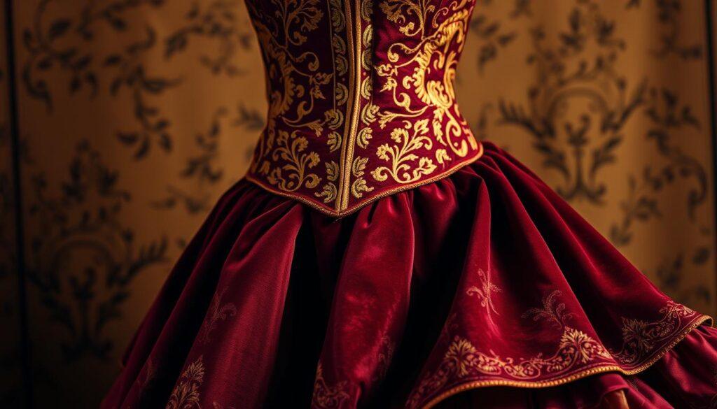 A professional literary fabric costume design, featuring a captivating blend of intricate textures and whimsical patterns. In the foreground, a richly embroidered bodice in shades of gold and burgundy, adorned with delicate flourishes reminiscent of classic book covers. The middle ground showcases a flowing skirt in a luxurious velvet fabric, its deep hues hinting at the mystique of the literary world. In the background, a tapestry-like backdrop in earthy tones and subtle metallic accents, evoking the timeless essence of the written word. Warm, directional lighting casts a soft, dramatic glow, heightening the sense of elegance and sophistication. Captured from a slightly elevated angle, the design presents a harmonious fusion of literary and sartorial artistry.