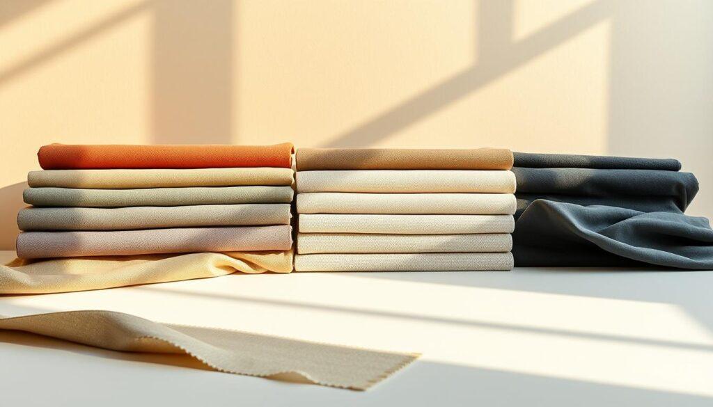 A sleek and modern tabletop setup showcasing an array of eco-friendly fabric swatches arranged in a grid pattern. Warm, natural lighting illuminates the scene, casting soft shadows and highlighting the textures and weaves of the materials. In the foreground, the fabrics are displayed on a clean, minimalist surface, allowing their vibrant colors and sustainable qualities to take center stage. The middle ground features a subtle backdrop, perhaps a plain wall or seamless paper, creating a simple yet elegant setting. The overall mood is one of refined sophistication, inviting the viewer to closely examine and compare the cost-quality tradeoffs of these environmentally conscious textiles. A sleek and modern tabletop setup showcasing an array of eco-friendly fabric swatches arranged in a grid pattern. Warm, natural lighting illuminates the scene, casting soft shadows and highlighting the textures and weaves of the materials. In the foreground, the fabrics are displayed on a clean, minimalist surface, allowing their vibrant colors and sustainable qualities to take center stage. The middle ground features a subtle backdrop, perhaps a plain wall or seamless paper, creating a simple yet elegant setting. The overall mood is one of refined sophistication, inviting the viewer to closely examine and compare the cost-quality tradeoffs of these environmentally conscious textiles.