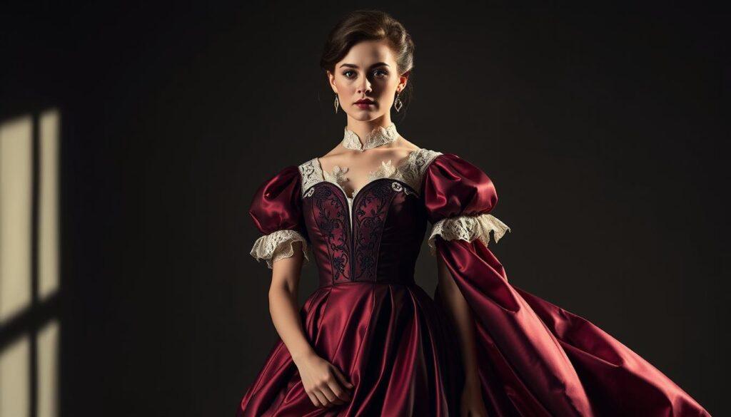 A timeless silhouette with a modern twist, a historical costume interpretation that defies convention. Shimmering fabrics in rich jewel tones, cascading across the figure in graceful folds. Intricate embroidery and delicate lace accents, a nod to the past reimagined for the present. Dramatic lighting casts intriguing shadows, highlighting the sculptural quality of the ensemble. The subject stands poised, radiating an air of confident elegance, as if stepped straight from the pages of a literary masterpiece. A harmonious fusion of old and new, where the past meets the future in a captivating sartorial symphony.