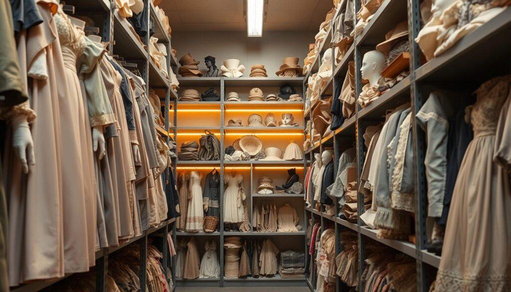 costume preservation storage solutions, interior of a museum storage room, shelves filled with various costume pieces, gowns, dresses, hats, gloves, and accessories neatly organized and stored, warm lighting illuminating the space, neutral color palette of grays and whites, focus on the intricate details and textures of the costumes, sense of care and preservation, low angle shot to emphasize the scale and grandeur of the storage space, clean and professional atmosphere