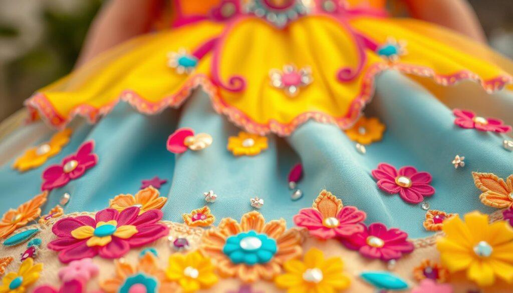 A close-up view of a vibrant princess dress adorned with intricate, durable embellishments. In the foreground, an array of colorful appliqués and fabric-painted details catch the light, creating a lively, tactile texture. The middle ground features a scattering of non-shedding, sparkling accents that add a whimsical, enchanting touch. The background is softly blurred, allowing the exquisite craftsmanship to be the focal point. The image is captured with a shallow depth of field, using warm, natural lighting to accentuate the rich colors and materials, conveying a sense of high-quality, play-ready construction. A close-up view of a vibrant princess dress adorned with intricate, durable embellishments. In the foreground, an array of colorful appliqués and fabric-painted details catch the light, creating a lively, tactile texture. The middle ground features a scattering of non-shedding, sparkling accents that add a whimsical, enchanting touch. The background is softly blurred, allowing the exquisite craftsmanship to be the focal point. The image is captured with a shallow depth of field, using warm, natural lighting to accentuate the rich colors and materials, conveying a sense of high-quality, play-ready construction.