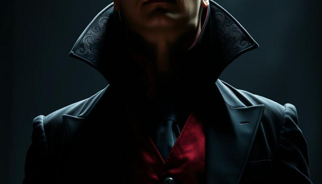 A dramatic villain costume with an imposing high collar, crafted from rich, dark fabrics like velvet and satin. The collar frames the face in an ominous, shadowy silhouette, creating an air of mystery and menace. Intricate embroidery or metallic accents adorn the collar, hinting at the wearer's wealth and power. A tailored vest or jacket in a complementary color scheme completes the ensemble, accentuating the villain's broad shoulders and commanding presence. Dramatic lighting casts deep shadows, heightening the air of danger and foreboding. The overall effect is a visually striking, story-driven costume piece that evokes classic villain archetypes.