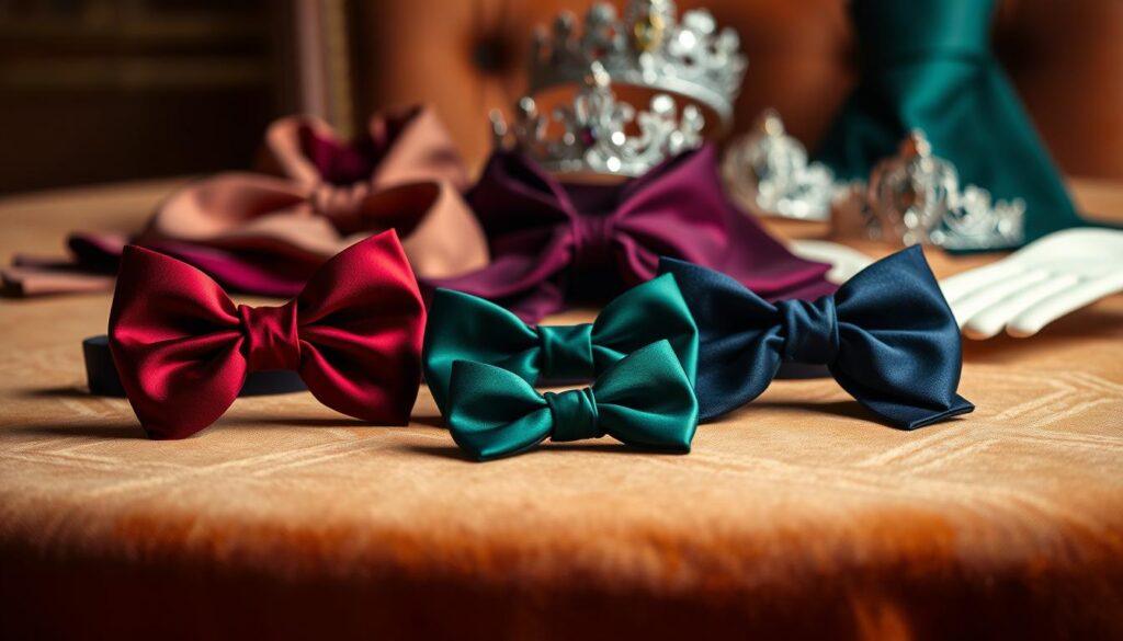 A graceful arrangement of royal children's accessories on a plush, velvet-draped table. In the foreground, a trio of exquisite bow ties in rich burgundy, forest green, and midnight blue, their silken textures catching the warm glow of soft, diffused lighting. In the middle ground, delicate capelets in lush velvets and intricate embroidered patterns cascade over the table's edge, hinting at the lavish attire they might adorn. The background features a subtle, blurred arrangement of glittering tiaras, satin sashes, and elegant, kid-sized gloves, all with smooth, rounded edges, exuding an air of comfort and safety for the young scions of royalty.