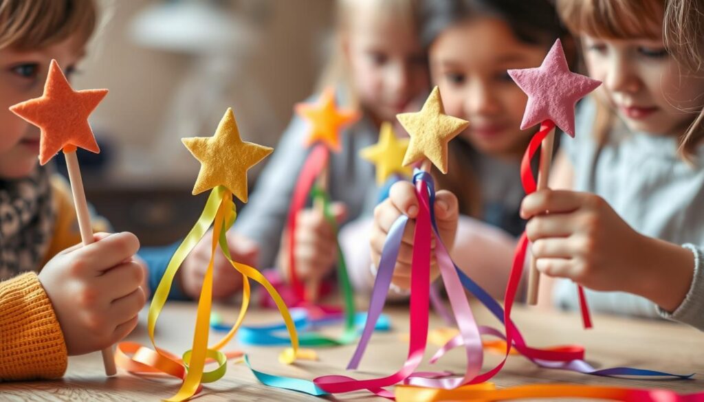 A playful scene of kids' hands crafting DIY wands with vibrant foam stars. The wands are composed of sturdy wooden dowels, ribbons in a rainbow of colors flow from the handles. Soft, diffused lighting illuminates the focused expressions of the young creators as they imaginatively decorate their magical accessories. The composition places the wand-making process in the foreground, with a blurred background hinting at a cozy, craft-friendly environment. An atmosphere of youthful wonder and creativity pervades the image, inviting the viewer to join in the enchanting, hands-on experience. A playful scene of kids' hands crafting DIY wands with vibrant foam stars. The wands are composed of sturdy wooden dowels, ribbons in a rainbow of colors flow from the handles. Soft, diffused lighting illuminates the focused expressions of the young creators as they imaginatively decorate their magical accessories. The composition places the wand-making process in the foreground, with a blurred background hinting at a cozy, craft-friendly environment. An atmosphere of youthful wonder and creativity pervades the image, inviting the viewer to join in the enchanting, hands-on experience.