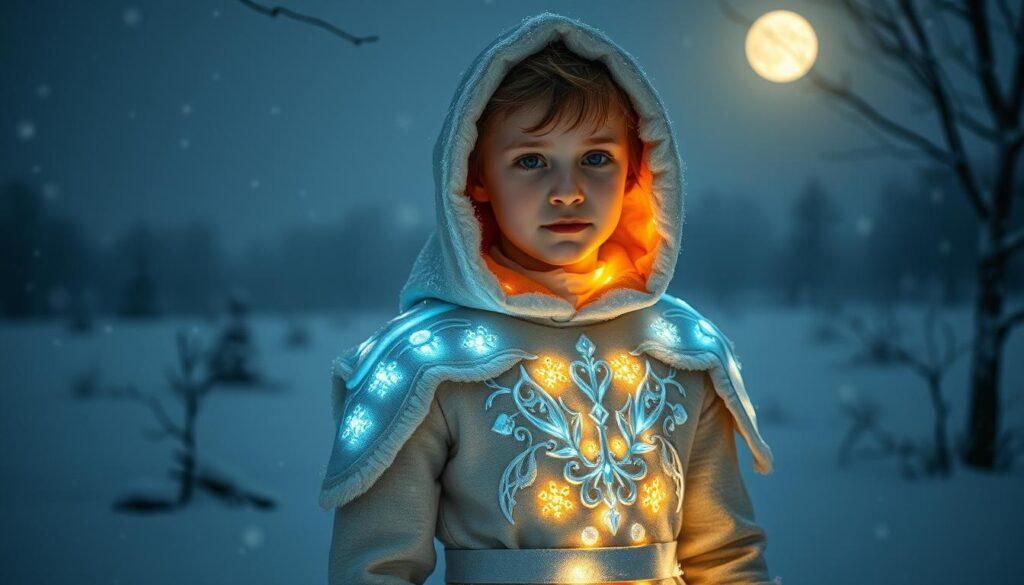 A snowy winter scene, a young person dressed in a warm, intricate ice-inspired costume adorned with glowing LED lights. The costume features elegant, crystalline designs, shimmering in the soft, cool lighting. The model stands against a backdrop of a serene, moonlit winter landscape, with a gently falling snowfall creating a peaceful, magical atmosphere. The LEDs emit a gentle, safe glow, illuminating the costume's details and casting a soft, ethereal light across the scene. The camera captures the outfit from a mid-range angle, showcasing the full ensemble and the integration of the LED lighting. The overall mood is one of enchantment, warmth, and wonder, perfectly suited for a winter-themed fairytale dress-up. A snowy winter scene, a young person dressed in a warm, intricate ice-inspired costume adorned with glowing LED lights. The costume features elegant, crystalline designs, shimmering in the soft, cool lighting. The model stands against a backdrop of a serene, moonlit winter landscape, with a gently falling snowfall creating a peaceful, magical atmosphere. The LEDs emit a gentle, safe glow, illuminating the costume's details and casting a soft, ethereal light across the scene. The camera captures the outfit from a mid-range angle, showcasing the full ensemble and the integration of the LED lighting. The overall mood is one of enchantment, warmth, and wonder, perfectly suited for a winter-themed fairytale dress-up.