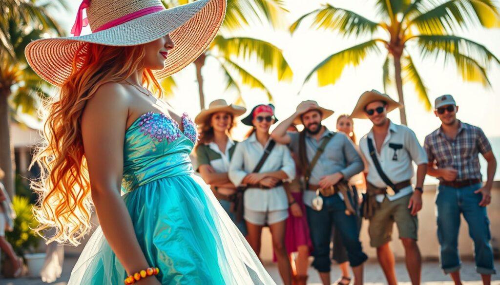 A sun-drenched scene of a summer costume party. In the foreground, a graceful figure adorned in a shimmering UV-protective mermaid dress, its fabric rippling with iridescent hues. Vibrant accessories like a floppy wide-brimmed sun hat and delicate UV-shielding gloves complete the look. In the middle ground, a group of playful pirates in lightweight, breathable UV fabrics - billowing shirts, bandanas, and cargo shorts - pose together. The background reveals a lush, tropical setting, with palm trees swaying gently in the breeze and a warm, golden glow suffusing the entire scene, evoking the carefree spirit of a sun-dappled summer day. A sun-drenched scene of a summer costume party. In the foreground, a graceful figure adorned in a shimmering UV-protective mermaid dress, its fabric rippling with iridescent hues. Vibrant accessories like a floppy wide-brimmed sun hat and delicate UV-shielding gloves complete the look. In the middle ground, a group of playful pirates in lightweight, breathable UV fabrics - billowing shirts, bandanas, and cargo shorts - pose together. The background reveals a lush, tropical setting, with palm trees swaying gently in the breeze and a warm, golden glow suffusing the entire scene, evoking the carefree spirit of a sun-dappled summer day.