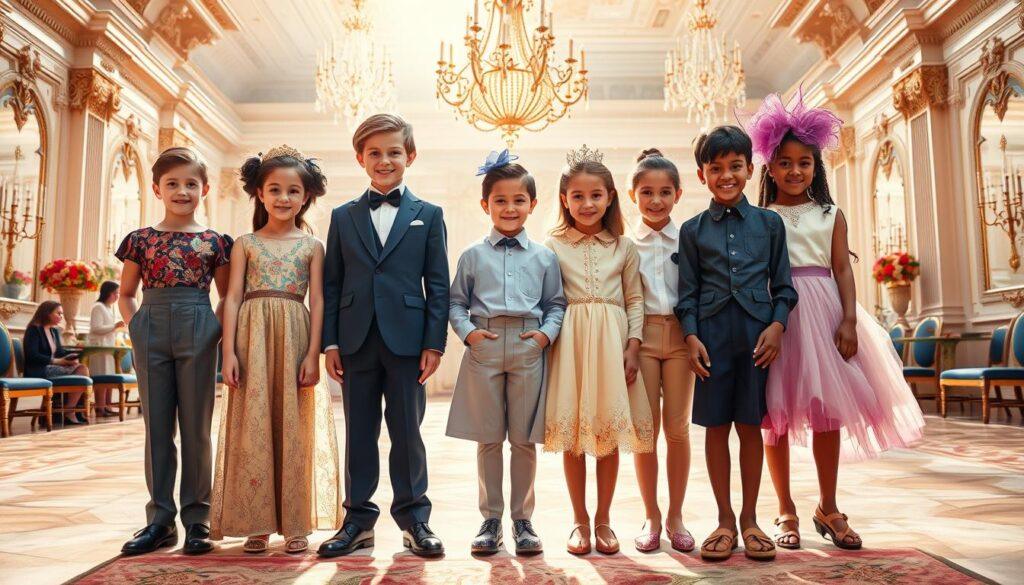 A vibrant and inclusive royal children's fashion scene, featuring a diverse range of outfits. In the foreground, a group of young royals stands proudly in a mix-and-match ensemble - a regal dress with a dashing pair of trousers, a tailored suit with a flowing skirt, and a whimsical combination of a button-down shirt and a voluminous tulle skirt. The middle ground showcases an array of accessories, from ornate headpieces to embellished shoes, in a harmonious palette of jewel tones and pastels. In the background, a grand, sunlit ballroom sets the stage, with ornate chandeliers and intricate architectural details. The overall atmosphere exudes a sense of joy, celebration, and a embrace of diverse royal fashion sensibilities.