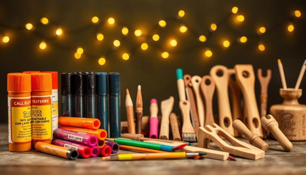A vibrant still life showcasing a collection of sustainable craft tools. In the foreground, an array of refillable glue sticks and washable markers in a range of hues. The middle ground features various small wooden tools, such as paint brushes and mini hand saws, arranged neatly. In the background, a scattering of mini LED lights cast a warm, ambient glow, illuminating the scene. The overall composition has a natural, earthy tone with soft shadows and highlights, conveying a sense of simplicity and eco-consciousness. The image is captured with a shallow depth of field, drawing the viewer's eye to the detailed foreground elements. A vibrant still life showcasing a collection of sustainable craft tools. In the foreground, an array of refillable glue sticks and washable markers in a range of hues. The middle ground features various small wooden tools, such as paint brushes and mini hand saws, arranged neatly. In the background, a scattering of mini LED lights cast a warm, ambient glow, illuminating the scene. The overall composition has a natural, earthy tone with soft shadows and highlights, conveying a sense of simplicity and eco-consciousness. The image is captured with a shallow depth of field, drawing the viewer's eye to the detailed foreground elements.
