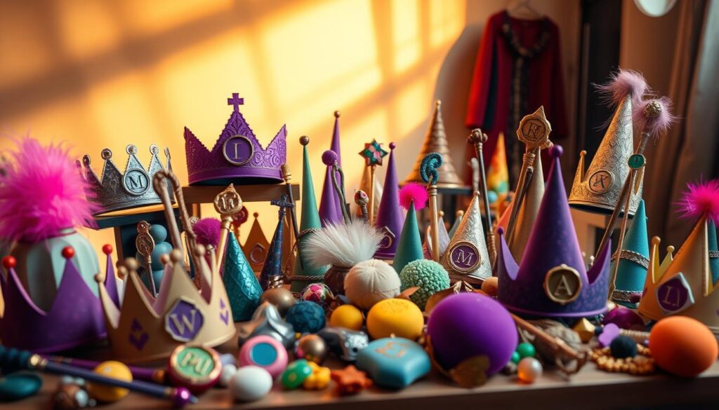 A whimsical display of personalized costume accessories, featuring vibrant and imaginative designs. In the foreground, an assortment of customizable crowns, wands, and amulets, each adorned with initials and unique emblems that dance with magical energy. The middle ground showcases a variety of color-coded accessories, their shapes and textures reminiscent of natural elements, inviting tactile exploration. In the background, a softly-lit studio setting with gentle shadows and highlights, creating an enchanting atmosphere that inspires creativity and wonder. Lighting is warm and diffused, lending a sense of timelessness to the scene. The overall composition conveys a sense of playful elegance, encouraging the viewer to envision the endless possibilities of personalized magical accessories. A whimsical display of personalized costume accessories, featuring vibrant and imaginative designs. In the foreground, an assortment of customizable crowns, wands, and amulets, each adorned with initials and unique emblems that dance with magical energy. The middle ground showcases a variety of color-coded accessories, their shapes and textures reminiscent of natural elements, inviting tactile exploration. In the background, a softly-lit studio setting with gentle shadows and highlights, creating an enchanting atmosphere that inspires creativity and wonder. Lighting is warm and diffused, lending a sense of timelessness to the scene. The overall composition conveys a sense of playful elegance, encouraging the viewer to envision the endless possibilities of personalized magical accessories.