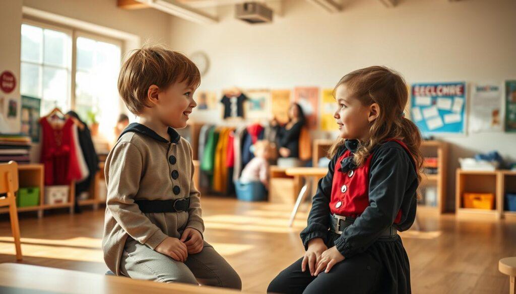 Prompt A classroom setting with an open, brightly-lit space. In the foreground, two young children engaged in a playful, yet thoughtful dialogue, discussing consent and personal boundaries during a villain-themed roleplay session. Their expressions convey a sense of mutual understanding and respect. The middle ground features a collection of costumes, props, and accessories, suggesting an environment that encourages imaginative storytelling within safe limits. The background showcases educational posters and materials, reinforcing the idea of a nurturing, supportive learning environment. Warm, natural lighting casts a welcoming glow, and the overall mood is one of guidance, empowerment, and responsible, consent-driven play.