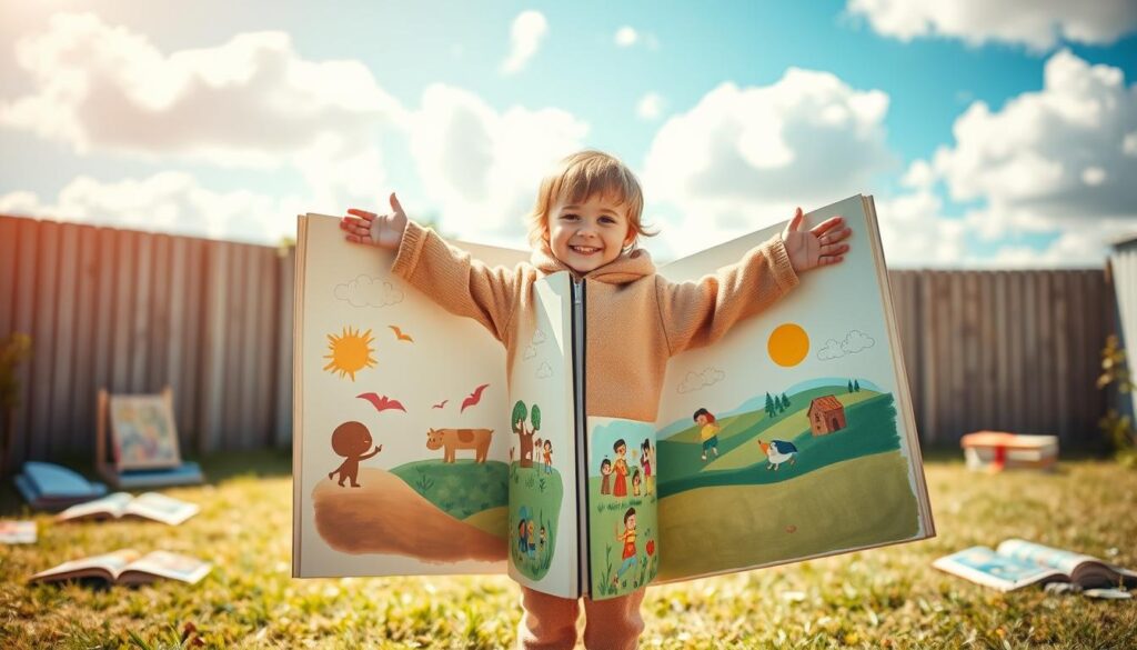 A creative DIY book costume inspired by a children's story, featuring a colorful, handmade outfit resembling an open book. The costume has oversized pages made from cardboard, painted with illustrations of whimsical characters and vibrant landscapes. In the foreground, a cheerful child dressed in cozy, casual clothing wears the book costume, standing proudly with arms outstretched. The middle layer depicts a serene backyard setting with soft grass and a few scattered storybooks. The background includes a bright blue sky with fluffy white clouds, enhancing the playful atmosphere. The lighting is warm and inviting, suggesting a sunny day, captured with a slightly blurred background to focus on the child and the costume, evoking a mood of imagination and creativity.