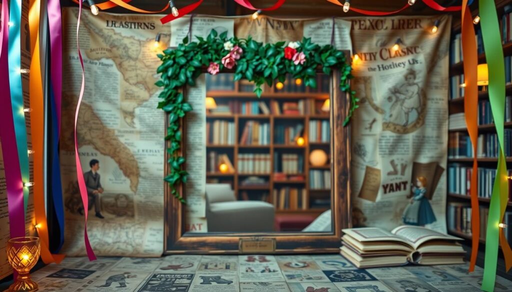 A creatively designed DIY photo booth backdrop inspired by a literary theme, featuring vibrant layers of old book pages, vintage maps, and whimsical illustrations of classic characters like Sherlock Holmes and Alice in Wonderland. In the foreground, colorful streamers and fairy lights create a festive atmosphere. The middle layer showcases a rustic wooden frame decorated with artificial ivy and flowers, while the background displays a softly blurred library setting with warm, inviting lighting reminiscent of a cozy reading nook. Capture this scene from an eye-level angle to convey a sense of depth and warmth, inviting guests to step into a literary world for playful photos. The mood is cheerful and imaginative, perfect for a themed party.
