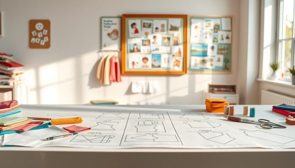 A detailed illustration of template patterns build steps for creating costumes, laid out on a clean workspace. In the foreground, colorful fabric swatches and sewing tools such as scissors and thread spools are arranged neatly. The middle ground features step-by-step pattern instructions, sketched in a clear, easy-to-follow manner. In the background, a brightly lit room with a creative atmosphere showcases a bulletin board filled with inspiration images from children's stories. Soft, natural light filters in through a window, creating a warm and inviting mood. The image should be clear and organized, enticing viewers to explore the art of turning stories into wearable creations.