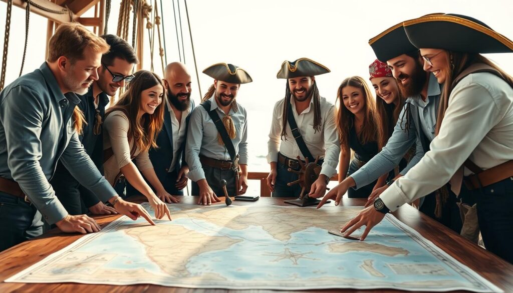 A diverse group of explorers and pirates, dressed in professional business attire with subtle elements of adventure gear, collaborates around a large treasure map spread out on a wooden table in the foreground. They actively discuss their strategies, pointing at different regions while smiling and gesturing, showcasing effective team play dynamics. In the middle ground, a ship's wheel and navigational tools hint at their shared goal of exploration. The background reveals a soft-focus landscape of distant islands and ocean waves under a bright, sunny sky, symbolizing adventure and teamwork. The lighting is warm and inviting, capturing the enthusiasm and camaraderie amongst the team members, creating a lively and engaging atmosphere that embodies collaboration and shared ambition.