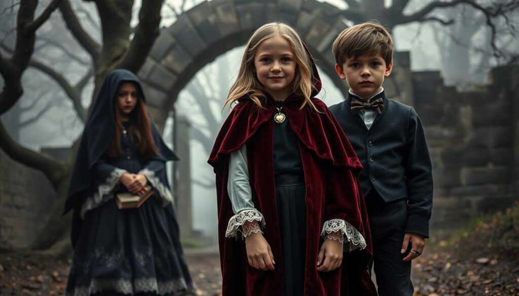 A group of children dressed in Gothic literature-inspired costumes, standing together in a whimsical yet moody setting. The focus is on a girl wearing a rich, velvet-look cape in deep burgundy, cinched with a delicate lace collar and lace cuffs that flutter slightly in the breeze. She also wears a charming book-shaped locket necklace, adding a magical touch. Beside her, a boy dons a dark tailored vest and trousers, accessorized with a whimsical bow tie. The background features dark, twisted trees and an ancient stone archway shrouded in mist, enhancing the mystical atmosphere. Soft, diffused lighting creates a dreamy effect, while a slight angle captures their expressions of curiosity and courage, inviting viewers into the enchanting world of Gothic literature. A group of children dressed in Gothic literature-inspired costumes, standing together in a whimsical yet moody setting. The focus is on a girl wearing a rich, velvet-look cape in deep burgundy, cinched with a delicate lace collar and lace cuffs that flutter slightly in the breeze. She also wears a charming book-shaped locket necklace, adding a magical touch. Beside her, a boy dons a dark tailored vest and trousers, accessorized with a whimsical bow tie. The background features dark, twisted trees and an ancient stone archway shrouded in mist, enhancing the mystical atmosphere. Soft, diffused lighting creates a dreamy effect, while a slight angle captures their expressions of curiosity and courage, inviting viewers into the enchanting world of Gothic literature.