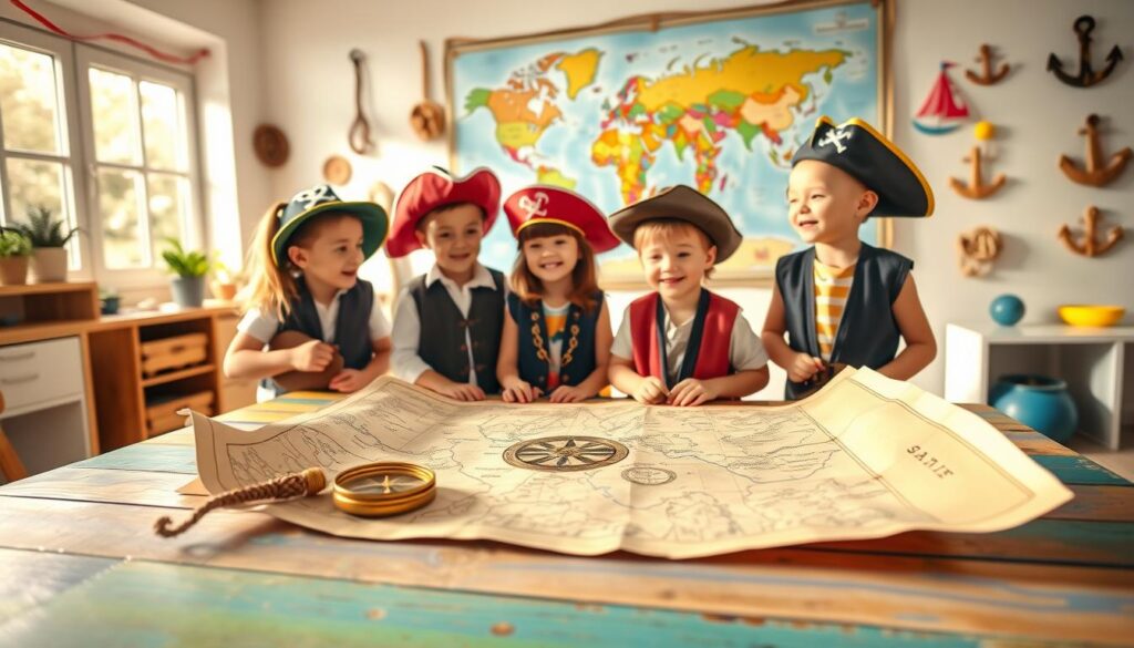 A vibrant and engaging children's activity scene featuring a group of kids working together on a treasure map project in a sunlit room. In the foreground, a colorful wooden table is covered with an open treasure map, a shining compass medallion, and a hand-crafted telescope tube. The kids are dressed in playful explorer attire, complete with vests and pirate hats, excitedly discussing their findings. The middle ground showcases a large world map hanging on the wall, with various landmarks illustrated. The background has bright, cheerful decorations of nautical elements like ropes and anchors. Soft, warm lighting enhances the adventurous atmosphere, creating a sense of creativity and exploration, evoking excitement for learning geography through play.