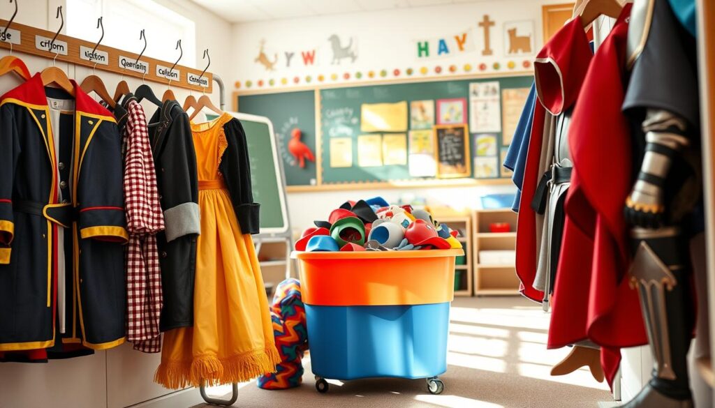 A vibrant classroom scene showcasing an organized costume organization system for historical fiction outfits tailored for kids ages 4-12. In the foreground, colorful costumes hang neatly on labeled hooks, including a pirate coat, a Victorian dress, and a knight's armor, all crafted in fun, child-friendly styles. The middle of the image features a large, colorful storage bin filled with accessories like hats, masks, and capes, inviting exploration. In the background, a bright classroom with cheerful posters and a chalkboard sets a playful mood. Soft, natural lighting streams through a window, creating a warm and engaging atmosphere. The lens perspective captures the scene from a slight angle, allowing the viewer to immerse themselves in this imaginative educational setting. A vibrant classroom scene showcasing an organized costume organization system for historical fiction outfits tailored for kids ages 4-12. In the foreground, colorful costumes hang neatly on labeled hooks, including a pirate coat, a Victorian dress, and a knight's armor, all crafted in fun, child-friendly styles. The middle of the image features a large, colorful storage bin filled with accessories like hats, masks, and capes, inviting exploration. In the background, a bright classroom with cheerful posters and a chalkboard sets a playful mood. Soft, natural lighting streams through a window, creating a warm and engaging atmosphere. The lens perspective captures the scene from a slight angle, allowing the viewer to immerse themselves in this imaginative educational setting.