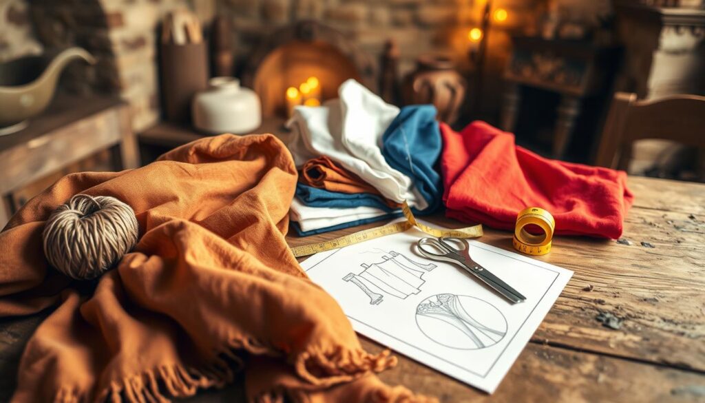 A well-organized collection of materials for a DIY ancient Rome tunic project, showcasing vibrant fabrics draped over a rustic wooden table. In the foreground, a soft linen cloth in rich earth tones, a spool of twine, and a simple sewing kit with needles and thread. In the middle, various colored fabric swatches including white, blue, and red, folded neatly alongside a pair of scissors, measuring tape, and sketch of a tunic design. In the background, a soft-focus antique-style room with stone walls and warm, ambient lighting creating a cozy, inviting atmosphere, reminiscent of a crafting space. The overall mood is creative and inspiring, ideal for a fun historical project for kids ages 4-12. A well-organized collection of materials for a DIY ancient Rome tunic project, showcasing vibrant fabrics draped over a rustic wooden table. In the foreground, a soft linen cloth in rich earth tones, a spool of twine, and a simple sewing kit with needles and thread. In the middle, various colored fabric swatches including white, blue, and red, folded neatly alongside a pair of scissors, measuring tape, and sketch of a tunic design. In the background, a soft-focus antique-style room with stone walls and warm, ambient lighting creating a cozy, inviting atmosphere, reminiscent of a crafting space. The overall mood is creative and inspiring, ideal for a fun historical project for kids ages 4-12.