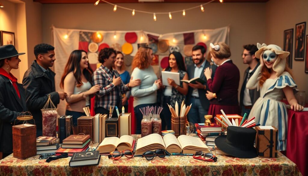 A whimsical and colorful scene showcasing a table adorned with various budget-friendly costume party ideas for a literary theme. In the foreground, display a creatively decorated table filled with handmade costumes and accessories inspired by classic literary characters like Sherlock Holmes and Alice in Wonderland. In the middle ground, a small group of diverse people in casual yet stylish attire are joyfully discussing their costume choices, sharing ideas, and possibly playing a party game. In the background, a DIY photo booth is set up with fun props, like oversized books and character masks, creating a lively atmosphere. Utilize warm, inviting lighting to enhance the cheerful mood, with a slightly blurred focus on the background to draw attention to the engaging interactions in the foreground.