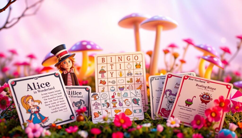 A whimsical collection of "Alice in Wonderland"-themed literacy activity cards and games. In the foreground, vibrant cards featuring iconic characters like the Mad Hatter and the Cheshire Cat, adorned with playful illustrations and imaginative designs, highlighting vocabulary words and quotes from the story. The middle layer includes a colorful reading bingo card, scattered with illustrated icons representing aspects of Wonderland. In the background, a dreamy, pastel-colored landscape inspired by Wonderland, with oversized mushrooms and vibrant flowers softly illuminated by warm, golden lighting. A sense of playful curiosity and enchantment permeates the atmosphere, evoking the magic of reading and exploration in a whimsical setting. The scene is framed from a slightly elevated angle to capture the detail in the cards and the enchanting background.