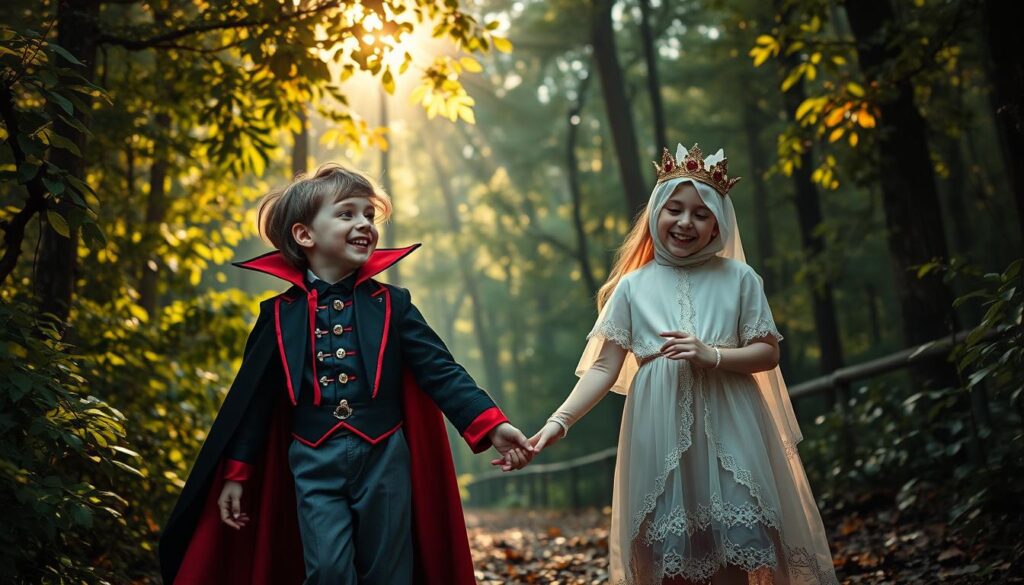A whimsical scene featuring children in vibrant Gothic literature-inspired costumes, blending moody elegance with a playful twist. In the foreground, two kids—a boy and a girl—are dressed in a soft, age-appropriate steampunk vampire and a cheerful ghost princess outfit, adorned with rich colors and playful details. They are laughing and holding hands, embodying bravery and joy. In the middle ground, a backdrop of an enchanted, non-spooky forest, illuminated by gentle, dappled sunlight filtering through lush leaves, creating a warm atmosphere. The scene is captured with a slight overhead angle, giving a dynamic view. The overall mood is adventurous yet cheerful, emphasizing a fun approach to Gothic themes without any darkness. A whimsical scene featuring children in vibrant Gothic literature-inspired costumes, blending moody elegance with a playful twist. In the foreground, two kids—a boy and a girl—are dressed in a soft, age-appropriate steampunk vampire and a cheerful ghost princess outfit, adorned with rich colors and playful details. They are laughing and holding hands, embodying bravery and joy. In the middle ground, a backdrop of an enchanted, non-spooky forest, illuminated by gentle, dappled sunlight filtering through lush leaves, creating a warm atmosphere. The scene is captured with a slight overhead angle, giving a dynamic view. The overall mood is adventurous yet cheerful, emphasizing a fun approach to Gothic themes without any darkness.