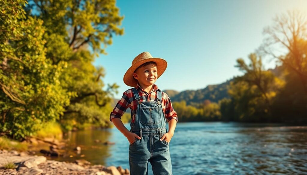 A young boy inspired by Tom Sawyer, standing confidently on the edge of a picturesque riverside, exuding a sense of adventure. He is wearing a plaid shirt and denim overalls, with a straw hat slightly tilted on his head. The foreground features a clear blue sky and lush green trees framing the riverbank, while the middle ground showcases gentle ripples in the water reflecting early morning sunlight. In the background, hints of distant hills add depth to the scene, capturing a tranquil yet adventurous atmosphere. The lighting is warm and golden, reminiscent of a summer day, with a focus on natural, soft shadows. The camera angle is slightly low, emphasizing the boy's pose as he looks thoughtfully towards the horizon, embodying a spirit of exploration and childhood wonder.