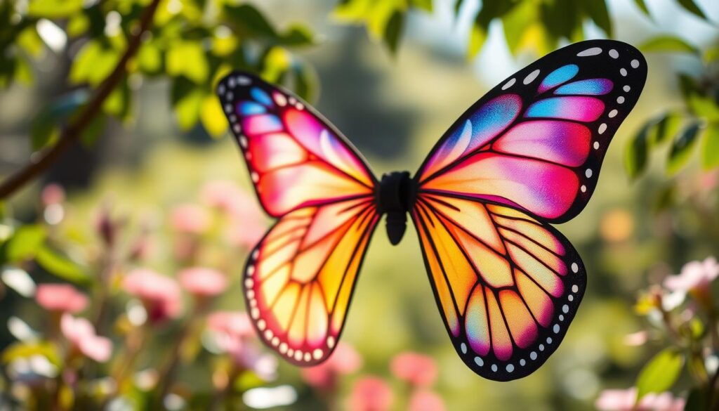 A beautifully designed pair of butterfly or fairy wings, featuring vibrant, iridescent colors that shimmer in the light. The wings are delicately attached to an innovative elastic harness, showcasing functional channels for quick and easy attachment. In the foreground, focus on the detailed craftsmanship of the wings, highlighting intricate patterns and textures reminiscent of real butterfly wings. The middle ground displays the elastic harness system, with clear visibility of its adjustable features and comfort design. In the background, a soft, dreamy garden landscape provides an enchanting atmosphere with gentle sunlight filtering through leaves. Use soft natural lighting to enhance the ethereal quality, creating a whimsical yet practical mood. Capture the scene from a slight angle to emphasize both the wings and the harness, showcasing their usability for costume creations. A beautifully designed pair of butterfly or fairy wings, featuring vibrant, iridescent colors that shimmer in the light. The wings are delicately attached to an innovative elastic harness, showcasing functional channels for quick and easy attachment. In the foreground, focus on the detailed craftsmanship of the wings, highlighting intricate patterns and textures reminiscent of real butterfly wings. The middle ground displays the elastic harness system, with clear visibility of its adjustable features and comfort design. In the background, a soft, dreamy garden landscape provides an enchanting atmosphere with gentle sunlight filtering through leaves. Use soft natural lighting to enhance the ethereal quality, creating a whimsical yet practical mood. Capture the scene from a slight angle to emphasize both the wings and the harness, showcasing their usability for costume creations.