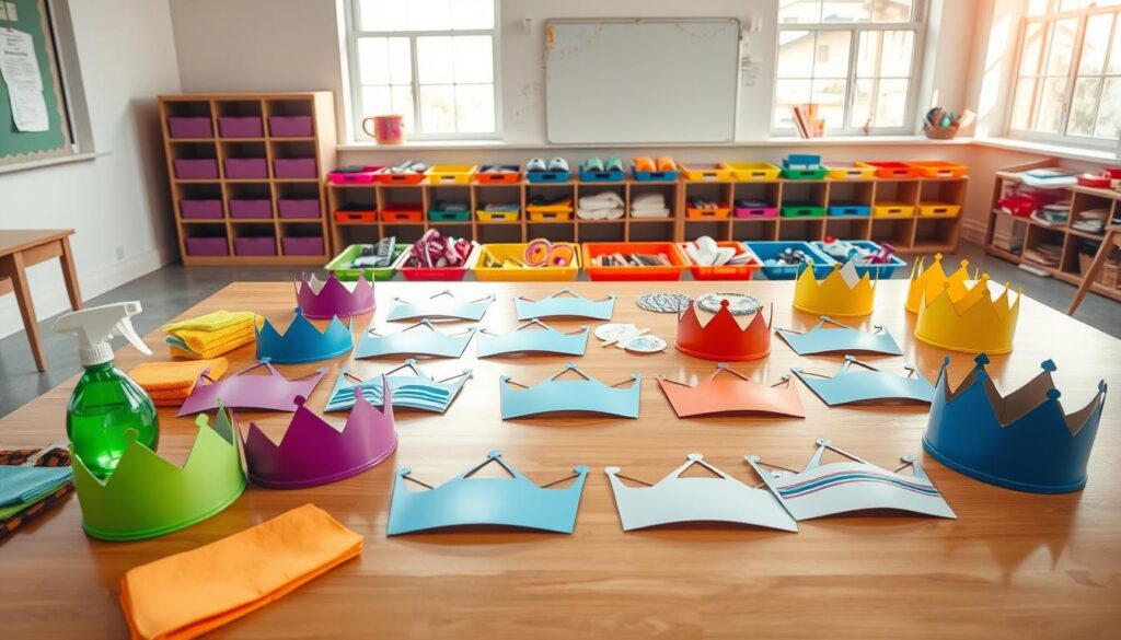 A bright and organized classroom setting featuring an array of colorful crown templates laid out neatly on a large wooden table. In the foreground, a variety of cleaning supplies, including spray bottles, sponges, and cloths, are neatly arranged beside the templates, emphasizing cleanliness and readiness for use. The middle ground showcases vibrant masks and badges, some printed and some blank, lined up in colorful trays, illustrating a creative clutter. In the background, soft natural light filters through large windows, casting a warm glow across the scene, enhancing a cheerful and inviting atmosphere. The angle captures the layout from a slight overhead perspective, highlighting both the templates and cleaning materials, merging functionality with creativity in a playful yet professional manner.