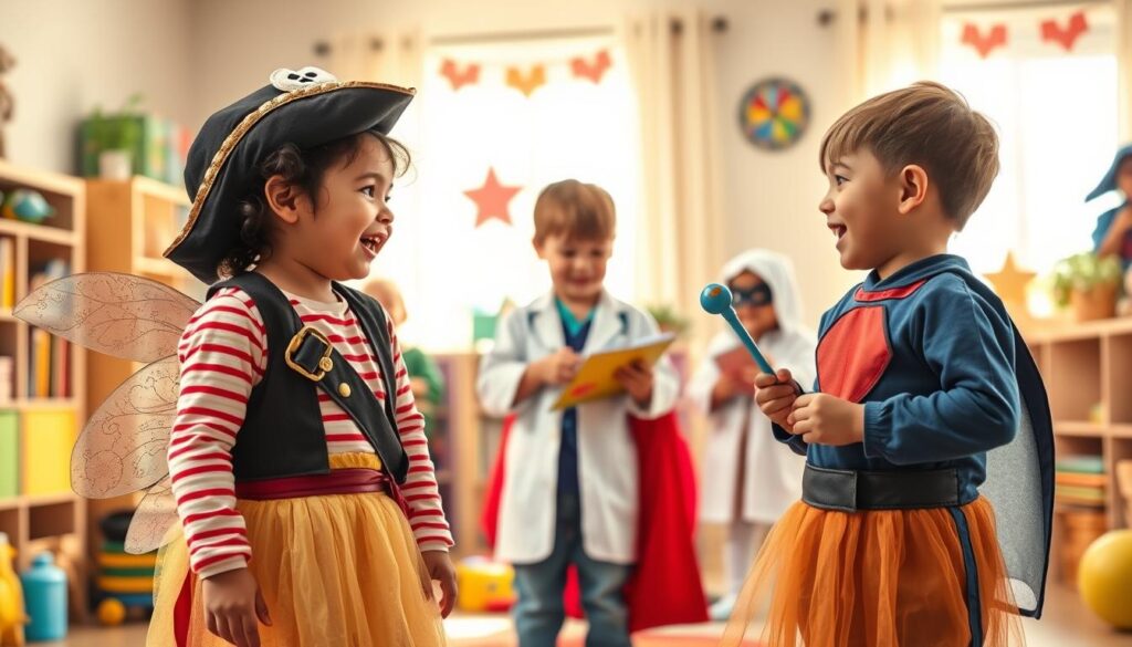 A colorful and inviting scene depicting a diverse group of children engaged in dress-up play, expressing joy and creativity. In the foreground, two children wearing imaginative costumes—a pirate and a fairy—are animatedly conversing, their facial expressions full of excitement and wonder. In the middle ground, a few other children are depicted in various outfits, such as a doctor and a superhero, interacting and sharing props like a toy stethoscope and a magic wand. The background showcases a cozy playroom filled with costumes, books, and toys, bathed in warm, natural light streaming through a window. The atmosphere is playful and engaging, highlighting the importance of language development through imaginative play. The composition should focus on soft, bright colors to evoke a sense of happiness and creativity.