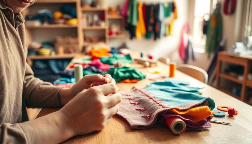 A cozy crafting workspace illuminated by warm natural light, featuring a wooden table covered with various colorful felt pieces, spools of thread, and hand-stitching tools. In the foreground, a pair of skilled hands, wearing modest casual clothing, meticulously demonstrate the process of hand-stitching a vibrant felt costume piece. The middle ground showcases a partially completed costume piece adorned with strategic stitches, emphasizing durability. In the background, shelves are lined with sewing supplies, while a soft-focus display of completed costumes adds depth. The atmosphere is inviting and productive, embodying the essence of creativity and efficiency in crafting. The scene captures the careful craftsmanship and attention to detail essential for busy parents engaging in low-sew projects. A cozy crafting workspace illuminated by warm natural light, featuring a wooden table covered with various colorful felt pieces, spools of thread, and hand-stitching tools. In the foreground, a pair of skilled hands, wearing modest casual clothing, meticulously demonstrate the process of hand-stitching a vibrant felt costume piece. The middle ground showcases a partially completed costume piece adorned with strategic stitches, emphasizing durability. In the background, shelves are lined with sewing supplies, while a soft-focus display of completed costumes adds depth. The atmosphere is inviting and productive, embodying the essence of creativity and efficiency in crafting. The scene captures the careful craftsmanship and attention to detail essential for busy parents engaging in low-sew projects.