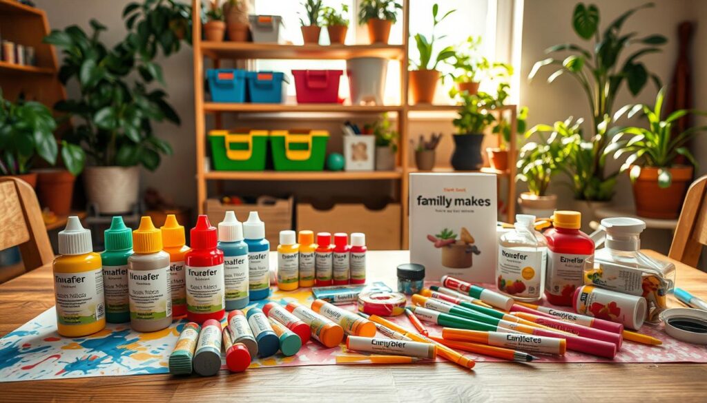 A cozy family makerspace scene featuring a variety of non-toxic supplies organized on a wooden crafting table. In the foreground, a collection of vibrant, labeled paint bottles, eco-friendly adhesives, and natural sealers spread out atop colorful, textured paper. The middle ground showcases a well-organized shelf with child-safe toolboxes and a guidebook on non-toxic materials. In the background, bright, warm lighting streams through a window, illuminating potted plants that emphasize a safe, nurturing environment. The atmosphere should feel inviting and creative, with an emphasis on safety and sustainability in crafting. The angle is slightly elevated to capture both the table and the shelving, encouraging an inspiring and safe space for family creativity.
