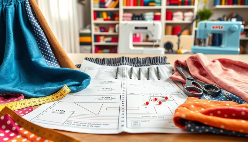 A detailed step-by-step guide for creating elastic waist pants patterns, focusing on a visually engaging flat lay composition. In the foreground, display vibrant fabric swatches in various colors and patterns, neatly arranged with a measuring tape, scissors, and sewing pins. The middle ground features an open, well-organized sewing pattern with clear visual instructions, including lines for cutting and seam allowances. The background should have a soft, inviting sewing room atmosphere with shelves stacked with colorful threads and a sewing machine. Use natural lighting to highlight textures and colors, creating a warm and welcoming mood. Capture the image from a slightly elevated angle to showcase all elements harmoniously. The overall tone should be encouraging and inspiring for beginners. A detailed step-by-step guide for creating elastic waist pants patterns, focusing on a visually engaging flat lay composition. In the foreground, display vibrant fabric swatches in various colors and patterns, neatly arranged with a measuring tape, scissors, and sewing pins. The middle ground features an open, well-organized sewing pattern with clear visual instructions, including lines for cutting and seam allowances. The background should have a soft, inviting sewing room atmosphere with shelves stacked with colorful threads and a sewing machine. Use natural lighting to highlight textures and colors, creating a warm and welcoming mood. Capture the image from a slightly elevated angle to showcase all elements harmoniously. The overall tone should be encouraging and inspiring for beginners.