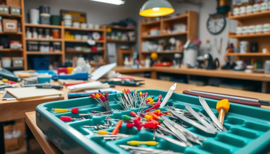 A neatly organized surgical tray filled with a variety of craft sharps, including brightly colored pins, precise needles, and sharp X-Acto blades, set in a well-lit workshop environment. The foreground features the surgical tray with tools arranged in a systematic manner, highlighting their sharpness and intricate designs. In the middle ground, a wooden workbench is visible, cluttered with various crafting supplies and safety materials, ensuring a safe crafting space. The background showcases shelves filled with neatly labeled containers and a warm, inviting overhead light, casting soft shadows and creating a focused atmosphere. The scene conveys a sense of responsibility and organization, making it clear that safety is paramount while working with sharp tools.