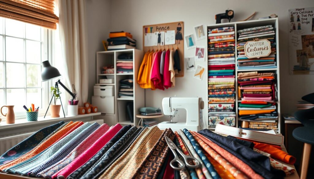 A stylish workspace dedicated to costume sewing, showcasing an organized fabric budget tier list. In the foreground, a beautifully arranged fabric swatch display with vibrant colors, textured patterns, and fabrics in varying prices—some are high-end silk and others are budget-friendly cotton. The middle ground features a sewing machine and scissors, surrounded by colorful threads and pinned patterns. In the background, a stylish fabric storage unit with neatly folded fabrics and an inspiring mood board filled with costume ideas. The scene is well-lit with soft, natural lighting coming from a nearby window, creating an inviting atmosphere that sparks creativity. The image captures a blend of organization and a creative spirit, perfect for costume sewing enthusiasts. A stylish workspace dedicated to costume sewing, showcasing an organized fabric budget tier list. In the foreground, a beautifully arranged fabric swatch display with vibrant colors, textured patterns, and fabrics in varying prices—some are high-end silk and others are budget-friendly cotton. The middle ground features a sewing machine and scissors, surrounded by colorful threads and pinned patterns. In the background, a stylish fabric storage unit with neatly folded fabrics and an inspiring mood board filled with costume ideas. The scene is well-lit with soft, natural lighting coming from a nearby window, creating an inviting atmosphere that sparks creativity. The image captures a blend of organization and a creative spirit, perfect for costume sewing enthusiasts.