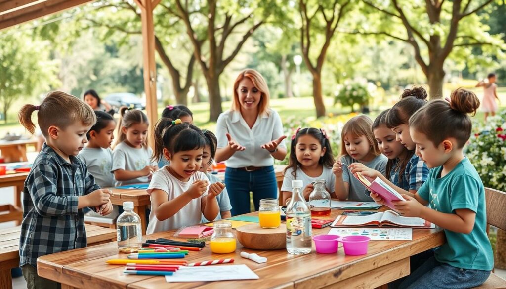 A vibrant and inviting educational scene for children, featuring an open outdoor classroom setting with wooden tables overflowing with colorful art supplies, science kits, and storytelling props. In the foreground, a group of diverse children, dressed in modest casual clothing, eagerly participate in various hands-on activities, like conducting a fun science experiment with bubbles and sharing stories with puppets. In the middle ground, a teacher animatedly guides them, radiating enthusiasm. The background includes a sunny park with green trees and cheerful flowers, creating a warm and engaging atmosphere. Soft, natural lighting enhances the joyful mood, capturing the essence of playful learning and creativity, with a focus on collaboration and discovery. The angle is slightly elevated to encompass the full scope of activities and interactions. A vibrant and inviting educational scene for children, featuring an open outdoor classroom setting with wooden tables overflowing with colorful art supplies, science kits, and storytelling props. In the foreground, a group of diverse children, dressed in modest casual clothing, eagerly participate in various hands-on activities, like conducting a fun science experiment with bubbles and sharing stories with puppets. In the middle ground, a teacher animatedly guides them, radiating enthusiasm. The background includes a sunny park with green trees and cheerful flowers, creating a warm and engaging atmosphere. Soft, natural lighting enhances the joyful mood, capturing the essence of playful learning and creativity, with a focus on collaboration and discovery. The angle is slightly elevated to encompass the full scope of activities and interactions.