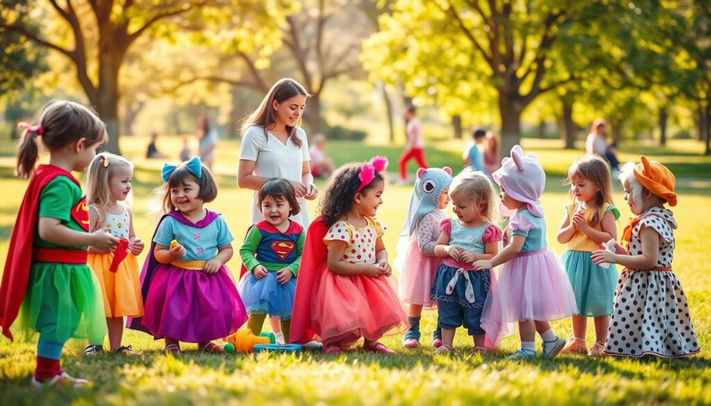A vibrant, lively scene of children engaged in dress-up play outdoors, showcasing the theme of social skills development. In the foreground, a diverse group of children wearing colorful costumes such as superheroes, princesses, and animals interact joyfully, sharing toys and laughing together. In the middle ground, a parent observes, encouraging collaboration, while additional children play in imaginative scenarios, enhancing their creativity and teamwork. The background features a sunlit park with trees and soft grass, adding a sense of safety and joy. The image should use warm, natural lighting to create an inviting atmosphere, with a slight depth-of-field effect to focus on the children. The mood is cheerful and engaging, capturing the essence of connection and social interaction.