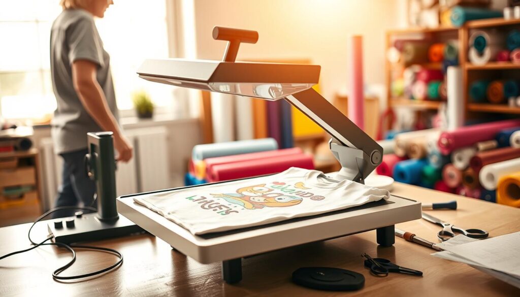 A vibrant, well-lit workshop scene showcasing a heat press in action, applying heat-transfer vinyl (HTV) onto a colorful kid's t-shirt design. In the foreground, a heat press is open, displaying the t-shirt with playful, non-itchy designs featuring cartoon animals and bright colors. The operator, a person in casual clothing, is carefully lowering the heat press, illustrating the process. In the middle ground, various rolls of HTV in the background, showcasing an assortment of colors, and crafting tools like scissors and a weeding tool are organized neatly on a work table. The background features warm, natural light streaming in through a window, creating a cheerful and inviting atmosphere perfect for a craft workshop. The image captures the essence of creativity and safety in fabric embellishment techniques.