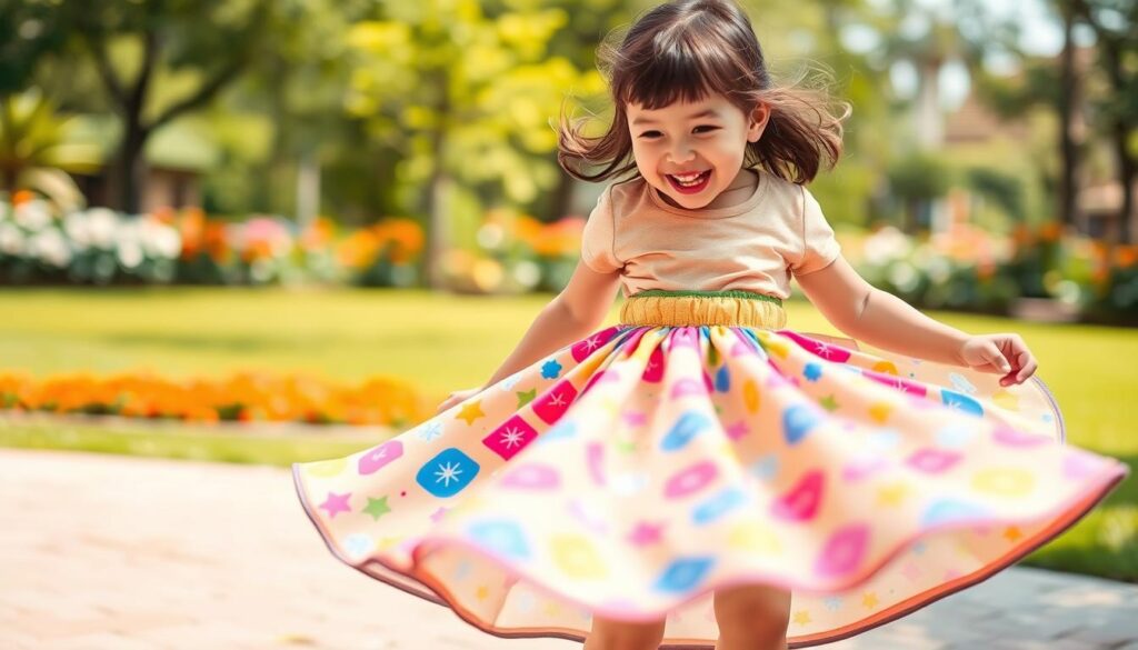 A young child joyfully twirling in a vibrant, knee-length skater skirt featuring a soft, encased elastic waistband. The skirt is made of colorful patterned fabric, showcasing playful designs like stars and flowers. The foreground captures the child’s movement, with the skirt flaring out beautifully as she spins. In the middle, her cheerful expression radiates happiness, wearing a modest, casual t-shirt. The background shows a bright and sunny park with green grass and colorful flowers, adding to the playful atmosphere. The lighting is soft and warm, emphasizing the joy of childhood. The image is captured from a slight low angle to enhance the twirl effect, focusing on the skirt's fluttering motion without any text or additional elements. A young child joyfully twirling in a vibrant, knee-length skater skirt featuring a soft, encased elastic waistband. The skirt is made of colorful patterned fabric, showcasing playful designs like stars and flowers. The foreground captures the child’s movement, with the skirt flaring out beautifully as she spins. In the middle, her cheerful expression radiates happiness, wearing a modest, casual t-shirt. The background shows a bright and sunny park with green grass and colorful flowers, adding to the playful atmosphere. The lighting is soft and warm, emphasizing the joy of childhood. The image is captured from a slight low angle to enhance the twirl effect, focusing on the skirt's fluttering motion without any text or additional elements.