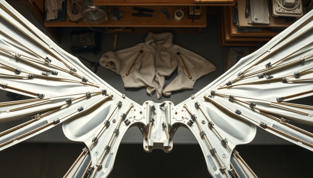 Overhead view of intricate poseable wing wire channels, showcasing detailed arrangement of wires and connectors. The foreground features clearly defined wire channels in various configurations, with shiny metallic textures reflecting soft, diffused lighting. In the middle ground, there are partially constructed wings, with safety covers partially visible, made from lightweight fabric. The background should be a neutral workspace, enhancing focus on the wings, with tools and materials neatly arranged to suggest a crafted atmosphere. The lighting is bright yet warm, creating an inviting feeling, while the overall scene conveys precision and creativity in costume design. The composition captures a sense of motion and craftsmanship, emphasizing the technical details without clutter.