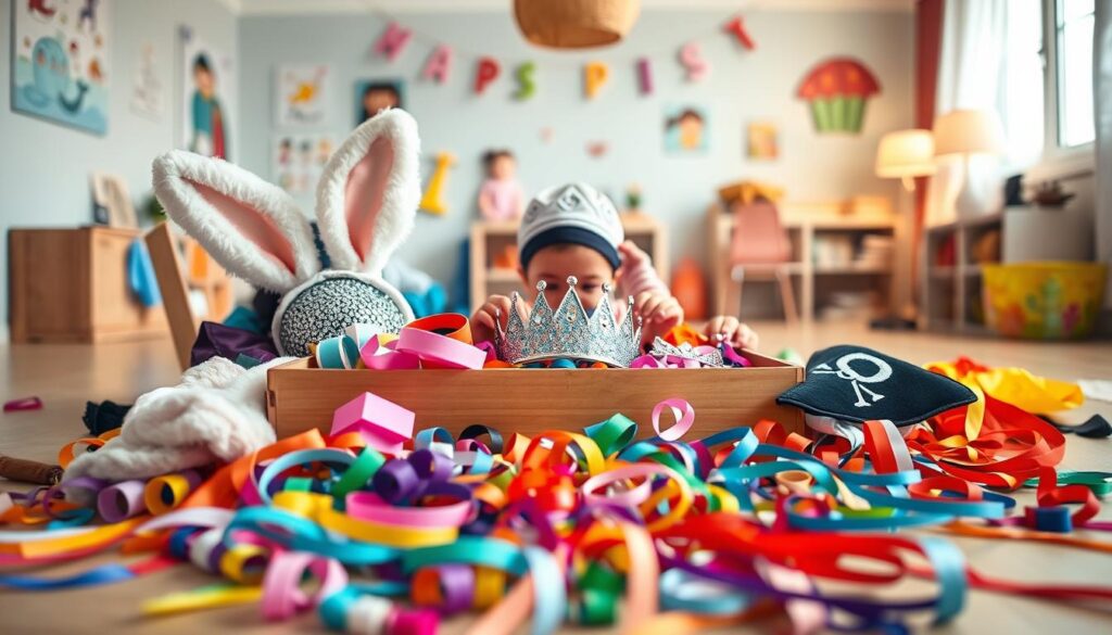 A colorful and inviting DIY costume prop box overflowing with various creative dress-up items spreads across a bright, cozy home environment. In the foreground, a wooden box is open, displaying an assortment of costumes: a fluffy bunny ears headband, a sparkly princess crown, a pirate eye patch, vibrant fabric swatches, and ribbons. In the middle ground, a child’s hands are seen enthusiastically rummaging through the props, while scattered costume pieces fill the floor. The background features a whimsical playroom with playful artwork on the walls and soft ambient lighting, creating a warm and imaginative atmosphere. A wide-angle perspective enhances the sense of exploration and creativity, inviting families to envision engaging in safe and fun dress-up play at home.