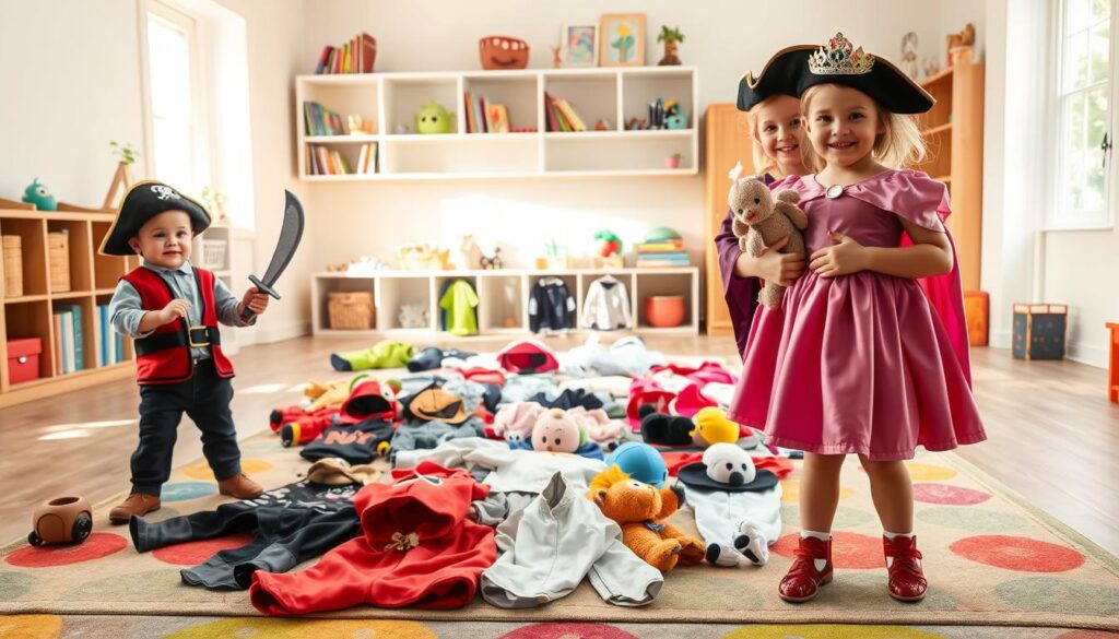 A cozy, well-lit play area featuring children engaged in imaginative dress-up play. In the foreground, two children are happily dressed as a pirate and a princess, both in modest, colorful attire that promotes safe play; the pirate holds a toy sword made of foam, while the princess wears a soft crown and holds a plush toy. In the middle ground, a wide array of dress-up costumes is spread out on a colorful rug, including firefighter, astronaut, and animal outfits, along with playful accessories like hats and capes. The background shows a cheerful room with soft pastel walls, shelves filled with books and toys, and natural light streaming in from a large window. The atmosphere is joyful and secure, emphasizing the theme of safe and imaginative dress-up play.