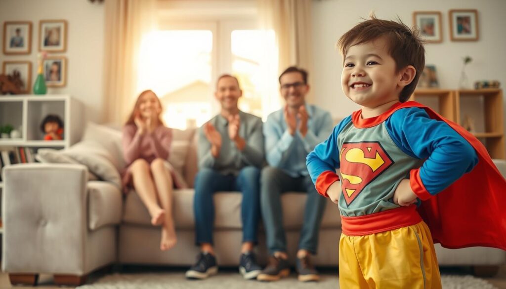 A joyful child dressed in a colorful costume, imitating a superhero, stands confidently in the living room, performing for an engaged family. In the foreground, the child strikes a playful pose, hands on hips, with a big smile showcasing their excitement and creativity. The parents and siblings in the middle distance sit on a cozy sofa, clapping and cheering, their expressions filled with love and admiration. In the background, warm sunlight streams through a window, creating a bright and uplifting atmosphere, while family photos and lively decorations enhance the homey feel. The scene captures the essence of encouragement and joy, highlighting the connection between performance and confidence in costume play. Soft lighting accentuates the child's features, emphasizing the moment of pride and self-expression.