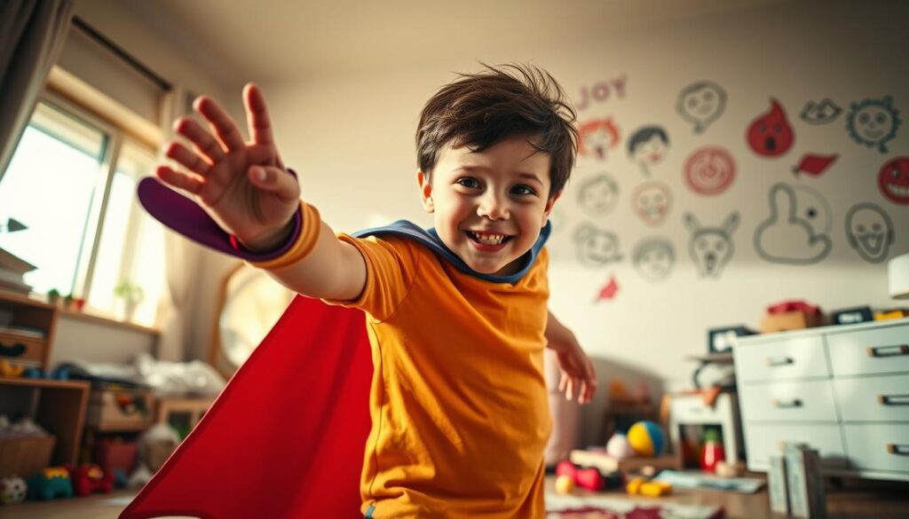 A vibrant and whimsical scene depicting a young child engaged in imaginative dress-up play, wearing a colorful superhero costume with a flowing cape. The foreground features the child joyfully striking a pose, with expressive facial features illustrating a mix of excitement and determination. In the middle ground, a cozy living room setting is visible, filled with scattered toys, costumes, and a mirror reflecting the child’s playful adventure. Soft, warm lighting pours in from a nearby window, enhancing the atmosphere of creativity and play. In the background, whimsical drawings of various emotions like joy, sadness, and courage adorn the walls, symbolizing emotional growth. The composition is balanced, with a slightly low angle to emphasize the child’s perspective and the magic of imaginative play, creating an inviting and hopeful mood.