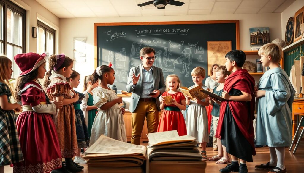 A vibrant classroom scene that captures the spirit of history costumes and their role in sparking curiosity. In the foreground, a diverse group of children, dressed in colorful period costumes such as a Victorian dress, a Renaissance outfit, and a Roman toga, are engaged in playful interaction, examining historical props like old maps and books. In the middle, a teacher, wearing a smart casual outfit, enthusiastically guides them, gesturing towards a chalkboard filled with historical illustrations. The background features large windows filtering warm, natural light, casting soft shadows over vintage-style decor. The atmosphere is lively and inspiring, radiating a sense of wonder and imagination. Use a slight low-angle perspective to emphasize the children's expressions of curiosity and excitement, with a depth of field that blurs the far details slightly. A vibrant classroom scene that captures the spirit of history costumes and their role in sparking curiosity. In the foreground, a diverse group of children, dressed in colorful period costumes such as a Victorian dress, a Renaissance outfit, and a Roman toga, are engaged in playful interaction, examining historical props like old maps and books. In the middle, a teacher, wearing a smart casual outfit, enthusiastically guides them, gesturing towards a chalkboard filled with historical illustrations. The background features large windows filtering warm, natural light, casting soft shadows over vintage-style decor. The atmosphere is lively and inspiring, radiating a sense of wonder and imagination. Use a slight low-angle perspective to emphasize the children's expressions of curiosity and excitement, with a depth of field that blurs the far details slightly.