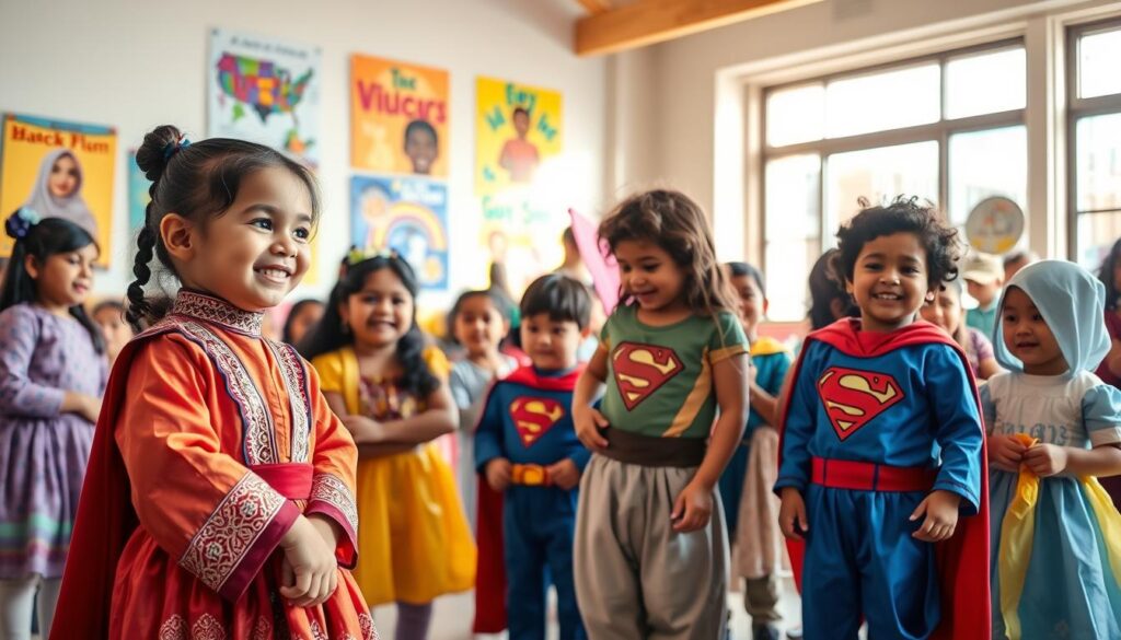 A vibrant, engaging scene of children of diverse backgrounds engaged in dress-up play in a well-lit room filled with a variety of costumes. In the foreground, a child wearing a traditional cultural outfit looks excited as they interact with a nearby friend dressed as a superhero. In the middle, several other children of different ethnicities are exploring costumes, showcasing a mix of traditional attire and imaginative outfits. The background features colorful posters celebrating diversity, with large windows allowing warm, natural light to flood the space, creating a cheerful atmosphere. The mood is joyful and inclusive, encouraging respect and appreciation for different cultures through playful interaction. The imagery captures a sense of fun and learning, emphasizing the importance of inclusivity in dress-up play. A vibrant, engaging scene of children of diverse backgrounds engaged in dress-up play in a well-lit room filled with a variety of costumes. In the foreground, a child wearing a traditional cultural outfit looks excited as they interact with a nearby friend dressed as a superhero. In the middle, several other children of different ethnicities are exploring costumes, showcasing a mix of traditional attire and imaginative outfits. The background features colorful posters celebrating diversity, with large windows allowing warm, natural light to flood the space, creating a cheerful atmosphere. The mood is joyful and inclusive, encouraging respect and appreciation for different cultures through playful interaction. The imagery captures a sense of fun and learning, emphasizing the importance of inclusivity in dress-up play.