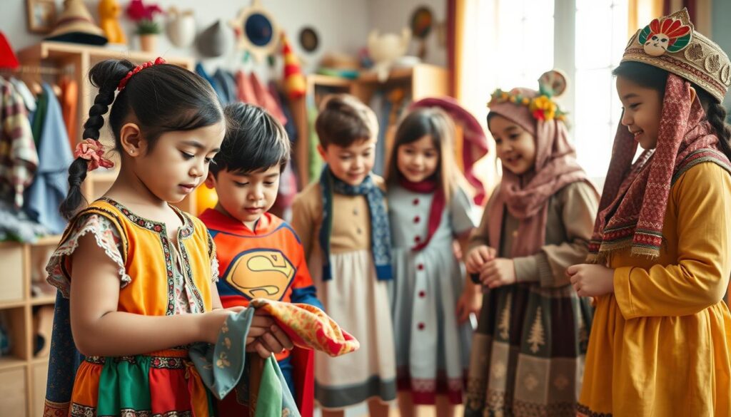 A vibrant, inclusive dress-up scene featuring diverse children engaged in imaginative play. In the foreground, a young girl wearing a culturally-inspired outfit examines a colorful fabric, while a boy beside her, dressed in a superhero costume, listens intently. In the middle, another child, dressed in a traditional dress, is discussing styles with a friend, showcasing excitement and creativity. The background reveals a cozy room with a play area, filled with various costumes and accessories, including hats, scarves, and masks representing different cultures. Soft, warm lighting filters through a window, creating a friendly and inviting atmosphere. The camera angle captures all children in a close yet dynamic composition, emphasizing their joyful expressions and teamwork in celebrating diversity through dress-up play. A vibrant, inclusive dress-up scene featuring diverse children engaged in imaginative play. In the foreground, a young girl wearing a culturally-inspired outfit examines a colorful fabric, while a boy beside her, dressed in a superhero costume, listens intently. In the middle, another child, dressed in a traditional dress, is discussing styles with a friend, showcasing excitement and creativity. The background reveals a cozy room with a play area, filled with various costumes and accessories, including hats, scarves, and masks representing different cultures. Soft, warm lighting filters through a window, creating a friendly and inviting atmosphere. The camera angle captures all children in a close yet dynamic composition, emphasizing their joyful expressions and teamwork in celebrating diversity through dress-up play.