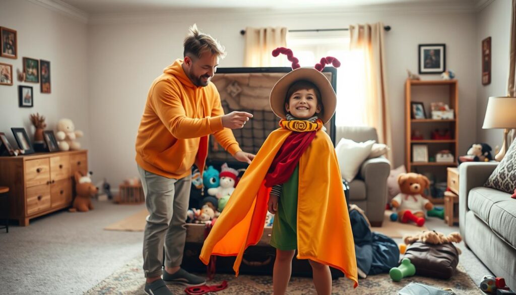 A warm and cozy living room scene showcasing a parent and child engaged in imaginative dress-up play. In the foreground, the parent, dressed in a bright, casual outfit, assists the child, who is adorned in a colorful cape and oversized hat, looking joyful and immersed in their fantasy. The middle ground features a trunk overflowing with various costumes and accessories, including masks, scarves, and plush toys, indicating a creative play environment. The background reveals a softly lit room with family photos on the walls and scattered toys, enhancing the intimate atmosphere. The lighting is soft and warm, with natural light streaming in from a nearby window, creating a heartwarming and playful ambiance. The overall mood is joyful and connected, capturing the essence of bonding through dress-up play. A warm and cozy living room scene showcasing a parent and child engaged in imaginative dress-up play. In the foreground, the parent, dressed in a bright, casual outfit, assists the child, who is adorned in a colorful cape and oversized hat, looking joyful and immersed in their fantasy. The middle ground features a trunk overflowing with various costumes and accessories, including masks, scarves, and plush toys, indicating a creative play environment. The background reveals a softly lit room with family photos on the walls and scattered toys, enhancing the intimate atmosphere. The lighting is soft and warm, with natural light streaming in from a nearby window, creating a heartwarming and playful ambiance. The overall mood is joyful and connected, capturing the essence of bonding through dress-up play.