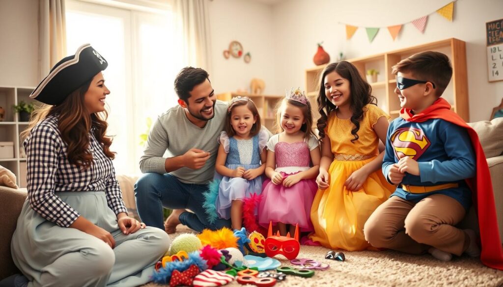 A warm and inviting family scene showcasing a dress-up playtime tradition in a cozy living room. In the foreground, a diverse family—parents and two children—are joyfully trying on colorful costumes, including a pirate hat, a princess gown, and a superhero cape. The parents are dressed in casual, modest clothing, laughing as they engage with their kids. In the middle, a playful arrangement of costume accessories is scattered around, like feather boas and masks. The background features a cheerful, decorated playroom with soft, natural lighting streaming through a window, casting a gentle glow on the scene. The atmosphere is filled with laughter and imagination, capturing the essence of bonding and creativity. The image is warm and inviting, perfect for illustrating a family tradition. A warm and inviting family scene showcasing a dress-up playtime tradition in a cozy living room. In the foreground, a diverse family—parents and two children—are joyfully trying on colorful costumes, including a pirate hat, a princess gown, and a superhero cape. The parents are dressed in casual, modest clothing, laughing as they engage with their kids. In the middle, a playful arrangement of costume accessories is scattered around, like feather boas and masks. The background features a cheerful, decorated playroom with soft, natural lighting streaming through a window, casting a gentle glow on the scene. The atmosphere is filled with laughter and imagination, capturing the essence of bonding and creativity. The image is warm and inviting, perfect for illustrating a family tradition.