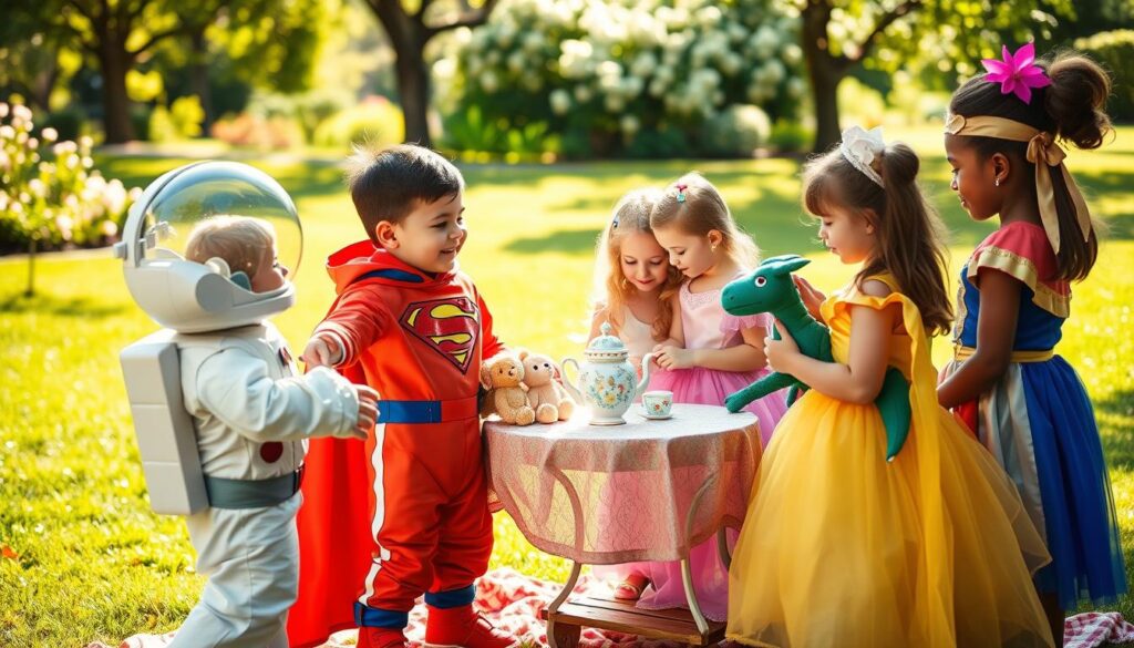 A warm, inviting scene depicting children engaged in imaginative dress-up play, showcasing a diverse group of kids (boys and girls) in vibrant, colorful costumes. In the foreground, a child dressed as an astronaut is reaching out to another in a superhero outfit, both expressing joy and empathy through their body language. The middle ground features a small tea party setup with stuffed animals, where another child in a princess dress is nurturing a friend dressed as a dragon, looking understanding and supportive. In the background, a sunlit park with green grass and blooming flowers sets a serene atmosphere, with soft, diffused lighting casting gentle shadows. The mood is playful and heartwarming, emphasizing connection and emotional growth, capturing the essence of pretend play fostering empathy and coping skills.